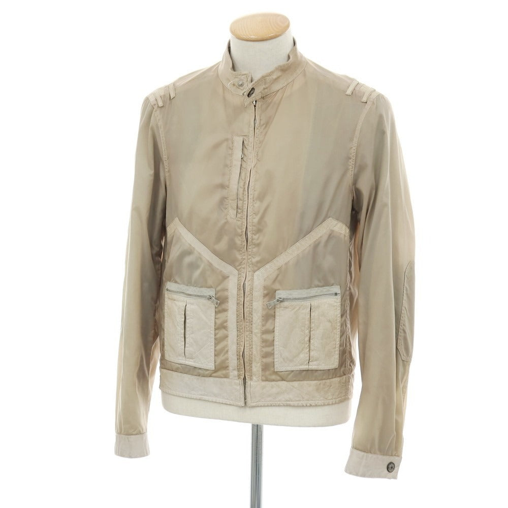 【中古】エトロ ETRO ナイロン×カンガルーレザー シングルライダースジャケット ブルゾン ベージュ系【サイズXS】【 状態ランクD 】【 メンズ 】