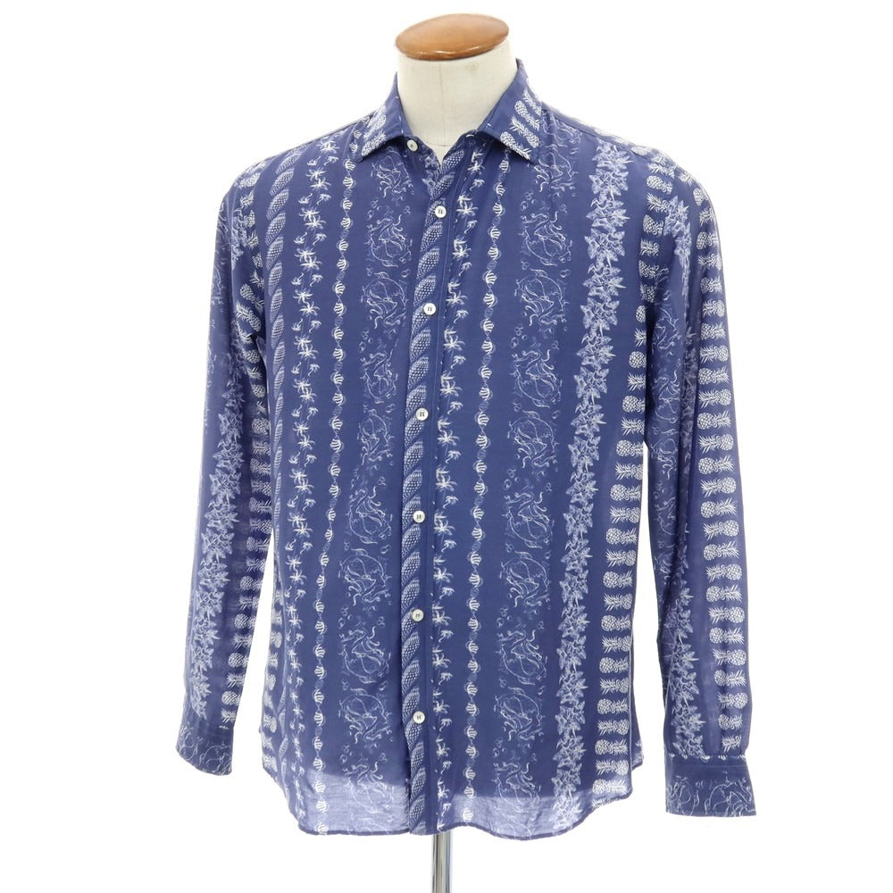 【中古】エトロ ETRO コットンシルク セミワイドカラー カジュアルシャツ ネイビーxホワイト【サイズM】【 状態ランクC 】【 メンズ 】