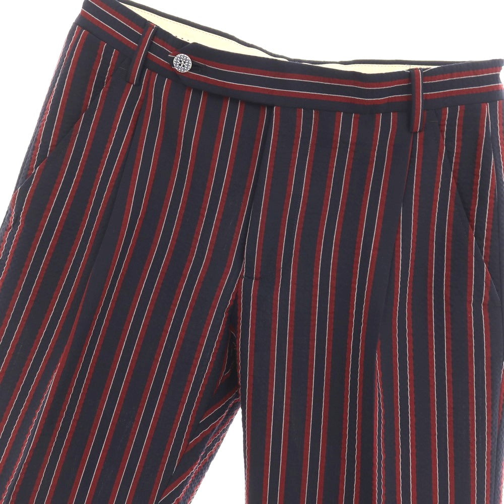 【中古】アントレアミ ENTRE AMIS GAGA ポリエステルウールポリウレタン サッカー ストライプ カジュアルスラックスパンツ ネイビーxレッド【サイズ34】【 状態ランクB 】【 メンズ 】