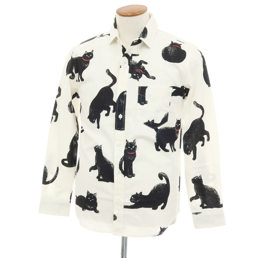 【中古】【未使用】ヴィンテージイーエル VINTAGE.E.L コットンリネン 黒猫 プリント カジュアルシャツ ホワイト【サイズM】【 状態ランクS 】【 メンズ 】