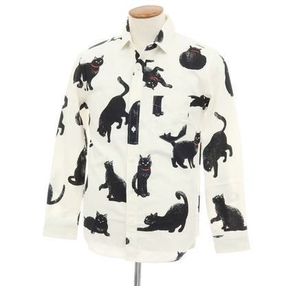 【中古】【未使用】ヴィンテージイーエル VINTAGE.E.L コットンリネン 黒猫 プリント カジュアルシャツ ホワイト【サイズM】【 状態ランクS 】【 メンズ 】