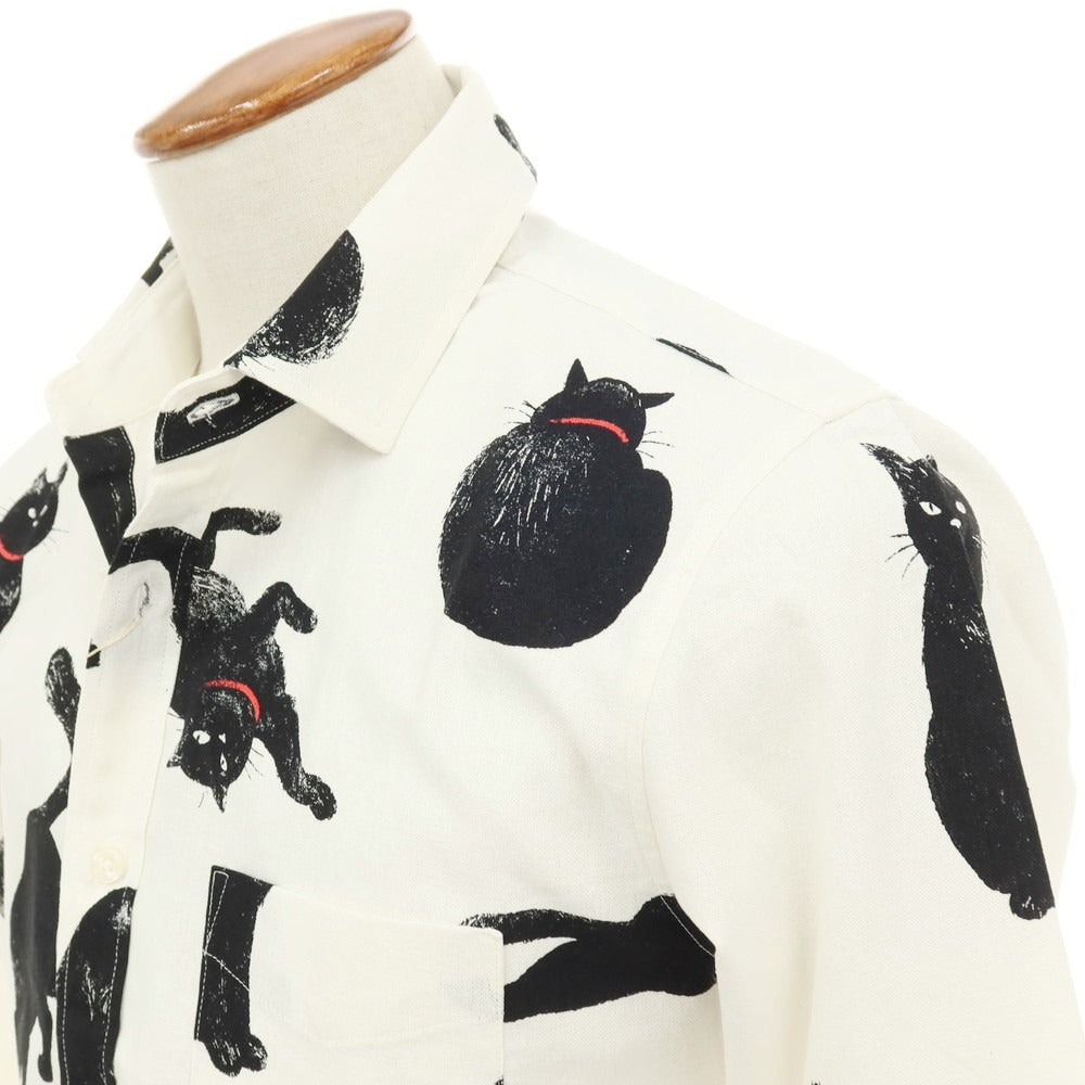 【中古】【未使用】ヴィンテージイーエル VINTAGE.E.L コットンリネン 黒猫 プリント カジュアルシャツ ホワイト【サイズM】【 状態ランクS 】【 メンズ 】