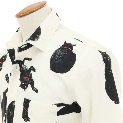 【中古】【未使用】ヴィンテージイーエル VINTAGE.E.L コットンリネン 黒猫 プリント カジュアルシャツ ホワイト【サイズM】【 状態ランクS 】【 メンズ 】