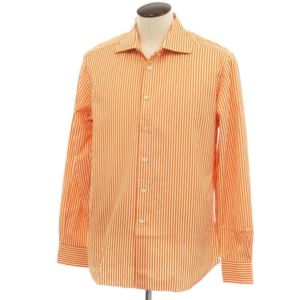 【中古】プラダ PRADA コットン ストライプ バッグプリント セミワイドカラー カジュアルシャツ オレンジxオフホワイト【サイズ42】【 状態ランクB 】【 メンズ 】