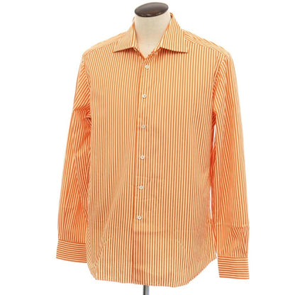 【中古】プラダ PRADA コットン ストライプ バッグプリント セミワイドカラー カジュアルシャツ オレンジxオフホワイト【サイズ42】【 状態ランクB 】【 メンズ 】