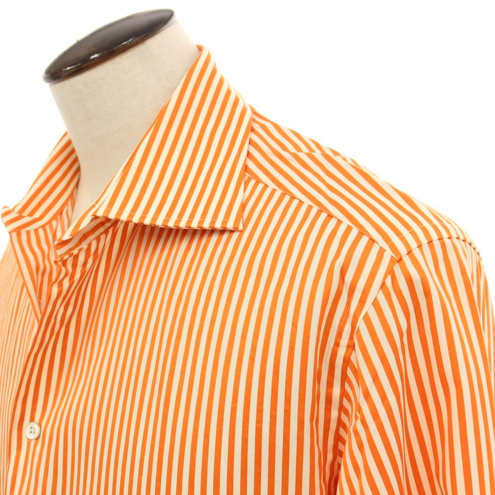 【中古】プラダ PRADA コットン ストライプ バッグプリント セミワイドカラー カジュアルシャツ オレンジxオフホワイト【サイズ42】【 状態ランクB 】【 メンズ 】
