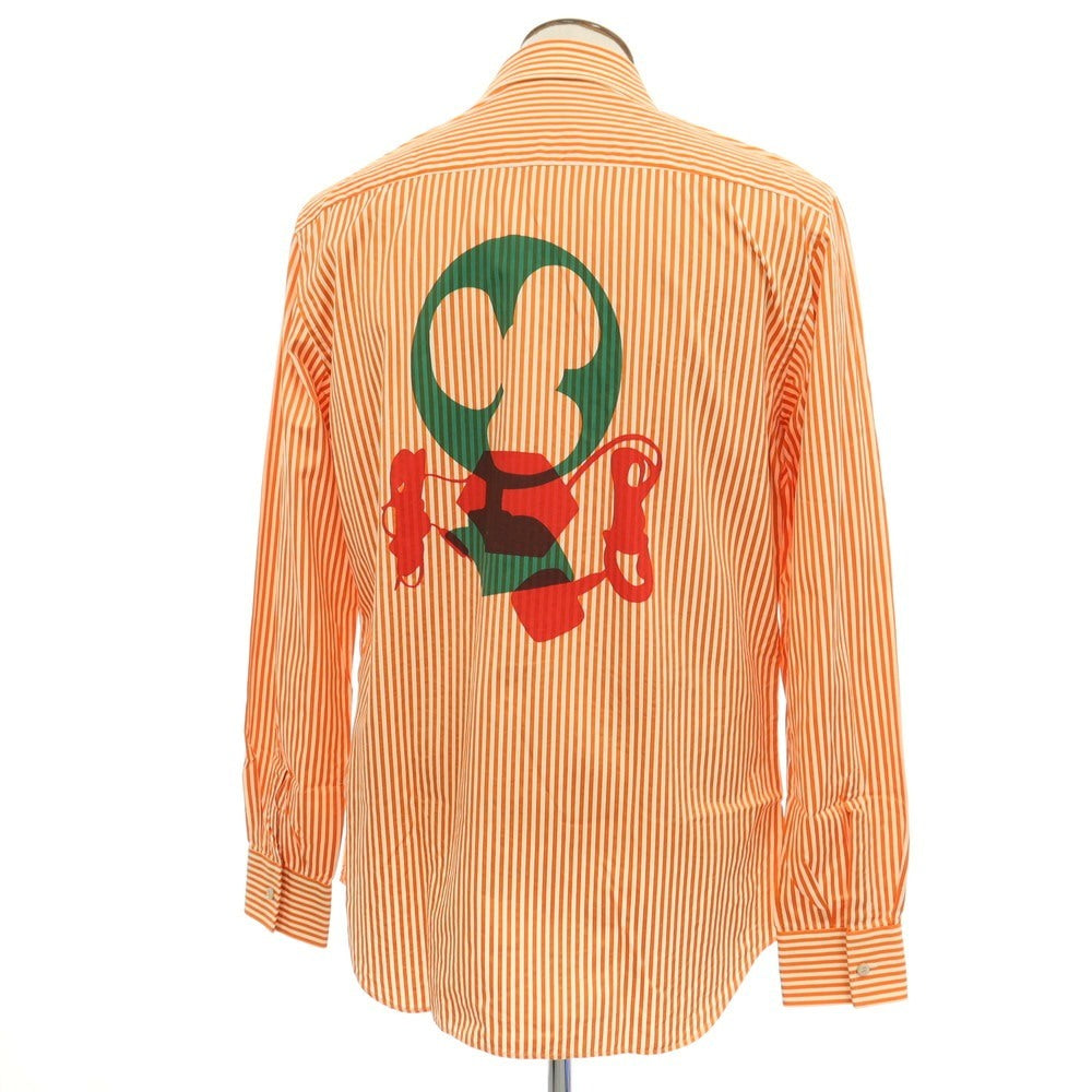 【中古】プラダ PRADA コットン ストライプ バッグプリント セミワイドカラー カジュアルシャツ オレンジxオフホワイト【サイズ42】【 状態ランクB 】【 メンズ 】