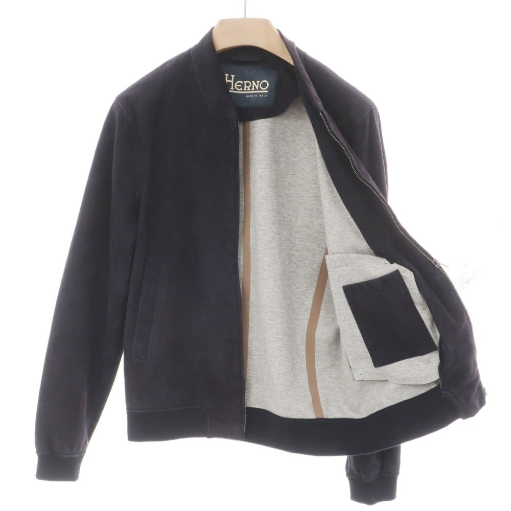 【中古】ヘルノ Herno ゴート スエード 山羊革 ボンディング加工 ダブルジップ レザーブルゾン ネイビー【サイズ46】【 状態ランクC 】【 メンズ 】