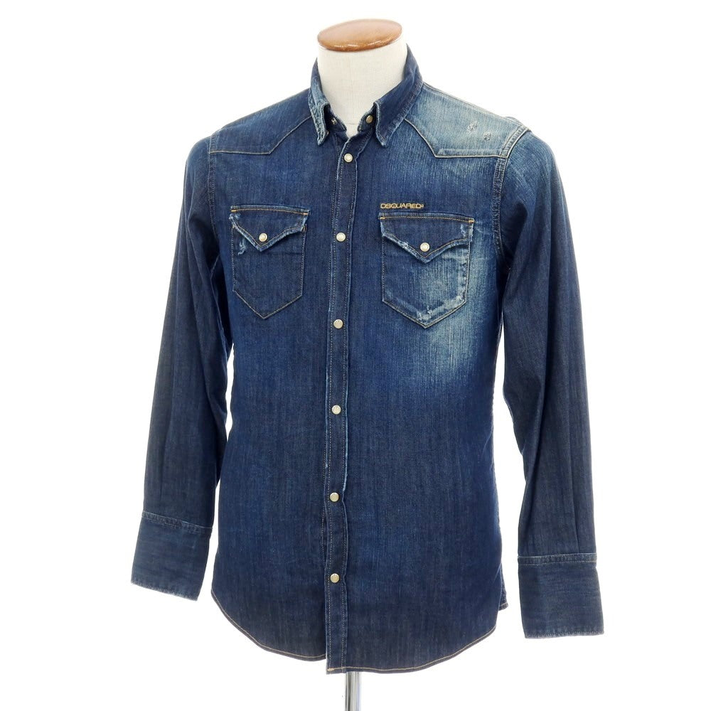 【中古】ディースクエアード DSQUARED2 ダメージ加工 ストレッチ コットン デニム ウエスタンシャツ ネイビー【サイズ46】【 状態ランクD 】【 メンズ 】