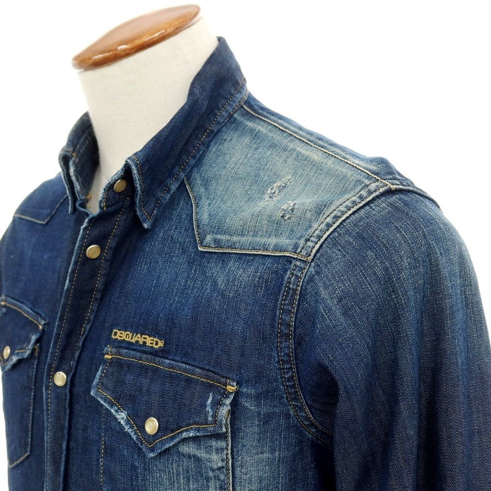 【中古】ディースクエアード DSQUARED2 ダメージ加工 ストレッチ コットン デニム ウエスタンシャツ ネイビー【サイズ46】【 状態ランクD 】【 メンズ 】