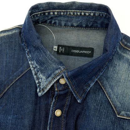 【中古】ディースクエアード DSQUARED2 ダメージ加工 ストレッチ コットン デニム ウエスタンシャツ ネイビー【サイズ46】【 状態ランクD 】【 メンズ 】