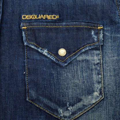 【中古】ディースクエアード DSQUARED2 ダメージ加工 ストレッチ コットン デニム ウエスタンシャツ ネイビー【サイズ46】【 状態ランクD 】【 メンズ 】