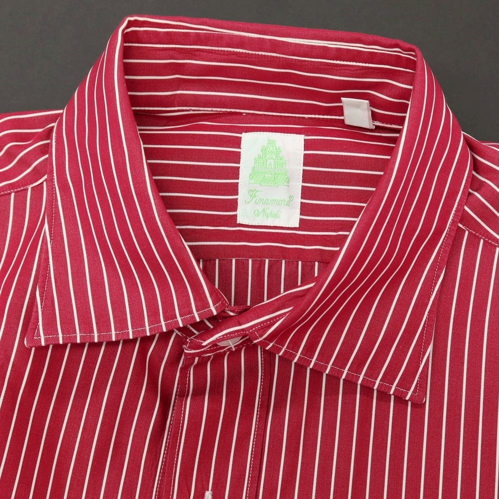 【中古】フィナモレ Finamore コットン ストライプ セミワイドカラー カジュアルシャツ ワインレッド系xホワイト【サイズ39】【 状態ランクC 】【 メンズ 】
