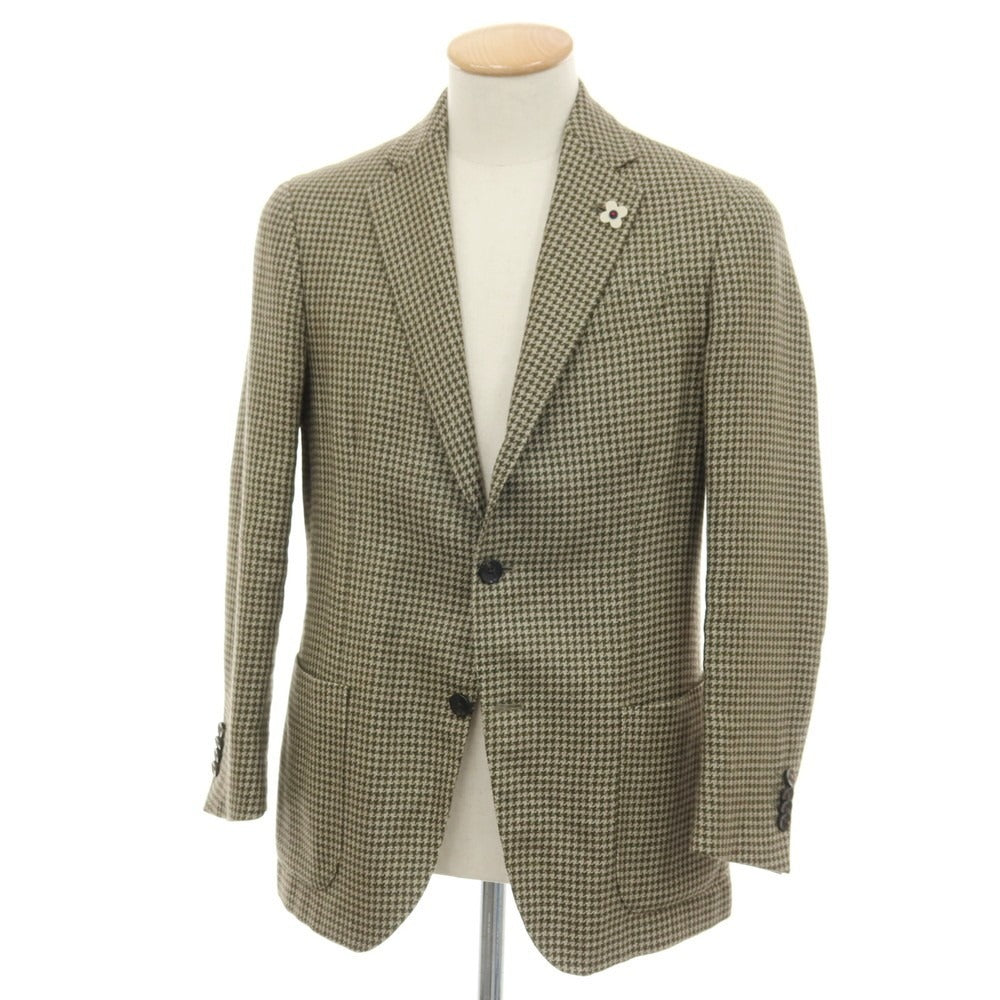【中古】ラルディーニ LARDINI ウールリネン ハウンドトゥース 3B テーラードジャケット オリーブ系【サイズ44】【 状態ランクC 】【 メンズ 】