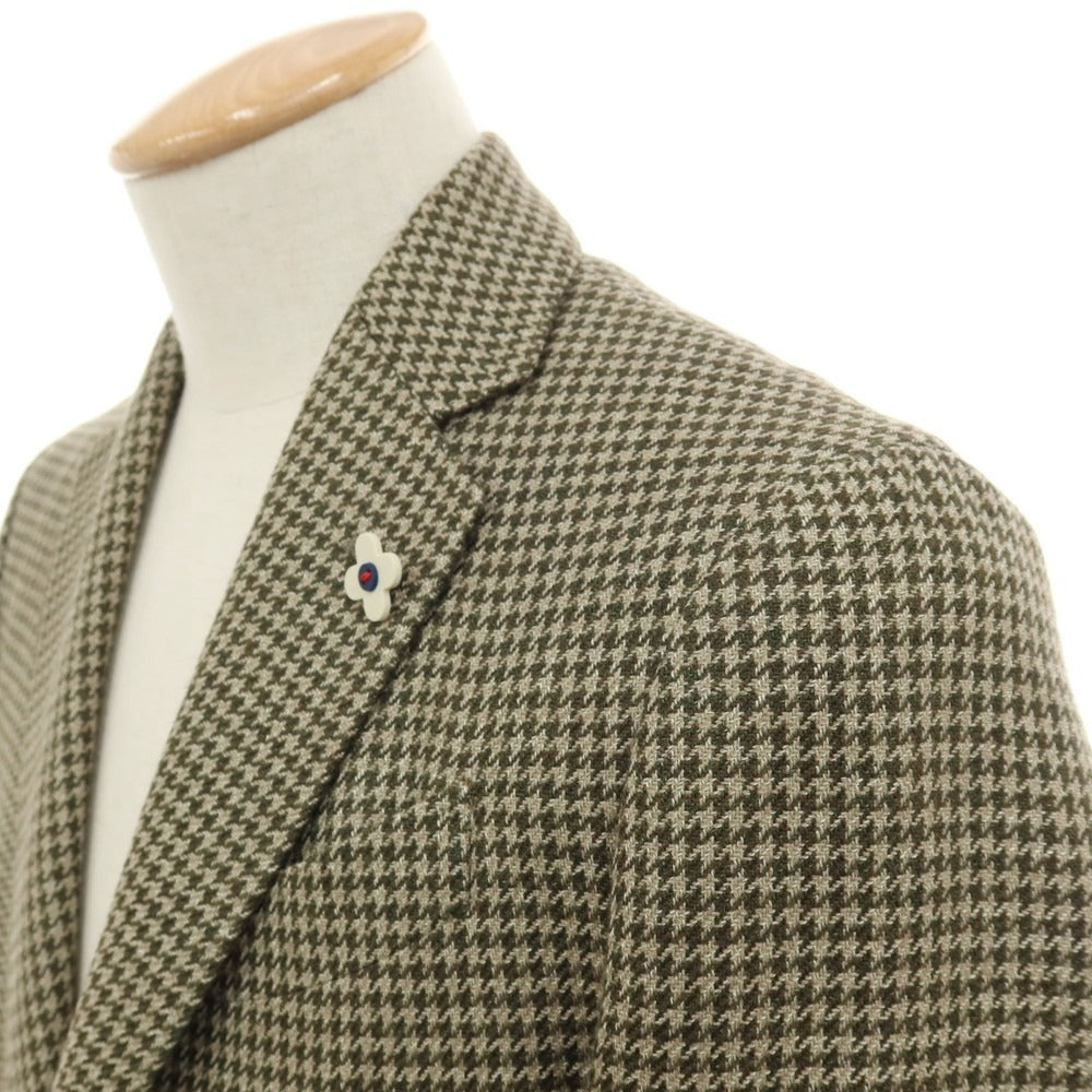 【中古】ラルディーニ LARDINI ウールリネン ハウンドトゥース 3B テーラードジャケット オリーブ系【サイズ44】【 状態ランクC 】【 メンズ 】