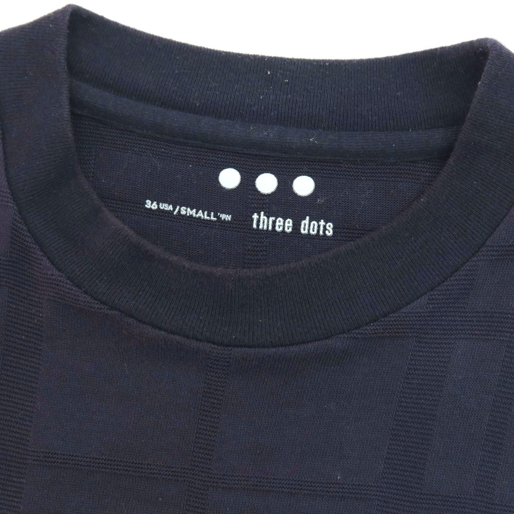 【中古】スリードッツ three dots コットン ジャカード チェック クルーネック 長袖Ｔシャツ ネイビー【サイズS】【 状態ランクC 】【 メンズ 】