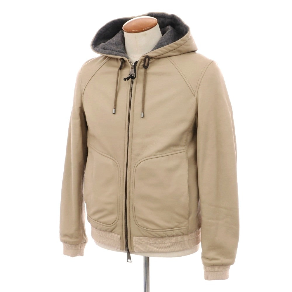 【新品アウトレット】ルッフォ RUFFO リバーシブル レザー＆ウールナイロン 中綿入り フーデッド レザーブルゾン ベージュxグレー【サイズ46】【 状態ランクN- 】【 メンズ 】