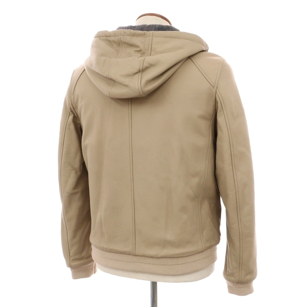 【新品アウトレット】ルッフォ RUFFO リバーシブル レザー＆ウールナイロン 中綿入り フーデッド レザーブルゾン ベージュxグレー【サイズ46】【 状態ランクN- 】【 メンズ 】