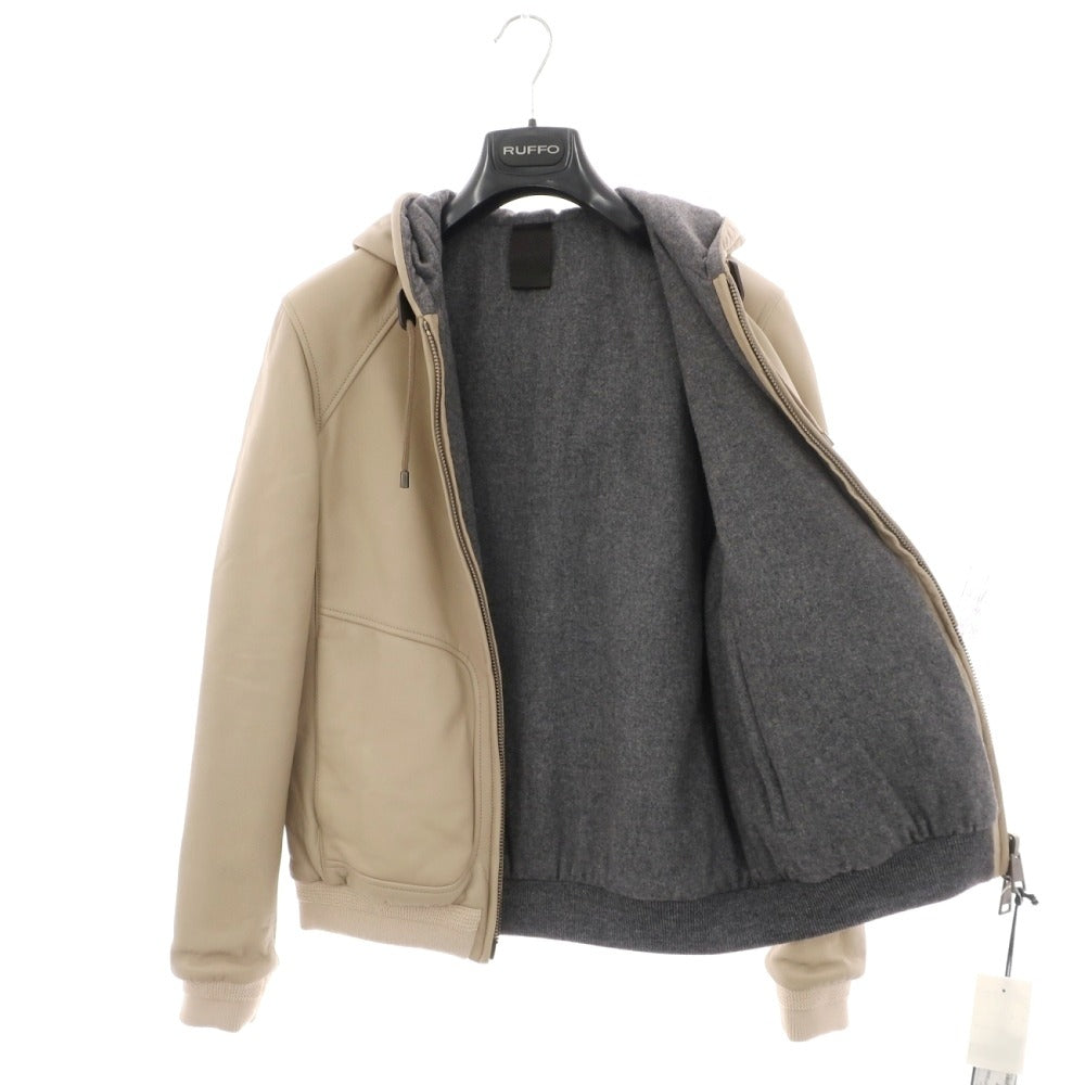 【新品アウトレット】ルッフォ RUFFO リバーシブル レザー＆ウールナイロン 中綿入り フーデッド レザーブルゾン ベージュxグレー【サイズ46】【 状態ランクN- 】【 メンズ 】