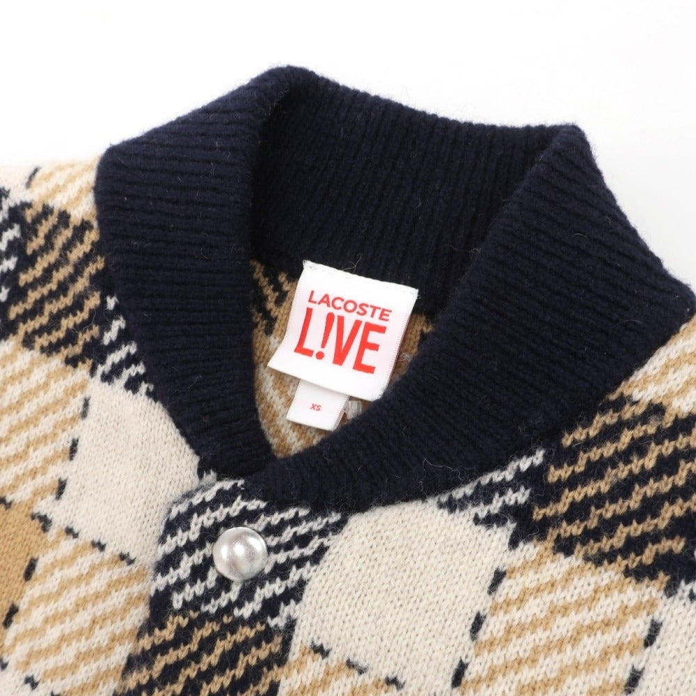 【中古】ラコステ LACOSTE ウールナイロンポリウレタン チェック ニットジャケット ベージュxネイビー【サイズXS】【 状態ランクB 】【 メンズ 】