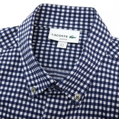 【中古】ラコステ LACOSTE コットンポリエステル チェック ボタンダウン カジュアルシャツ ネイビーxホワイト【サイズ3】【 状態ランクB 】【 メンズ 】