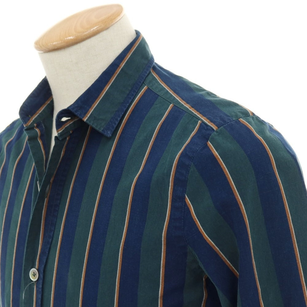 【中古】フィナモレ Finamore コットン ストライプ ショートカラー カジュアルシャツ グリーンxネイビー【サイズ36】【 状態ランクC 】【 メンズ 】