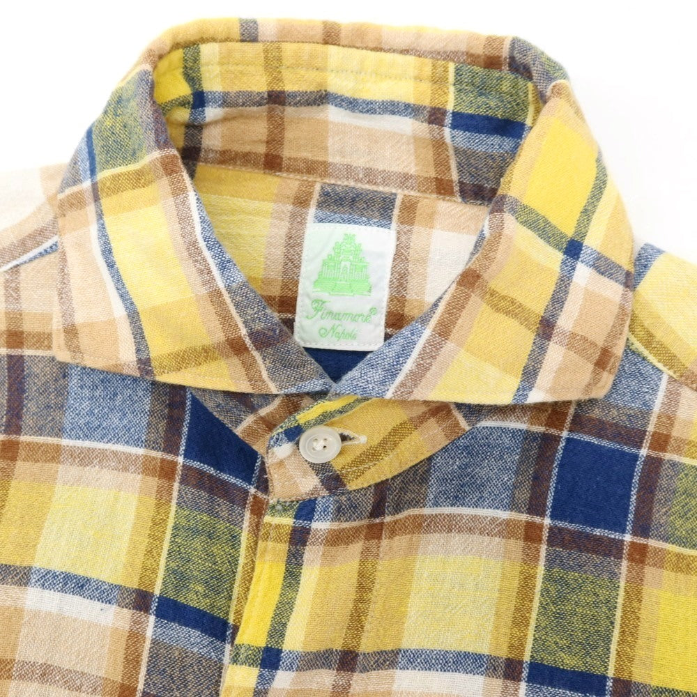 【中古】フィナモレ Finamore リネンコットン チェック ホリゾンタルカラー カジュアルシャツ イエローxブルー【サイズXS】【 状態ランクB 】【 メンズ 】