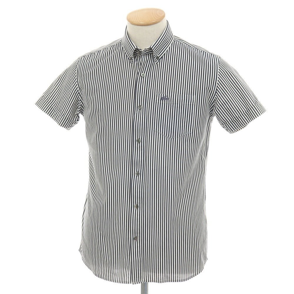 【中古】ラコステ LACOSTE コットンポリエステル ストライプ ボタンダウン 半袖シャツ ネイビーxホワイト【サイズ2】【 状態ランクA 】【 メンズ 】