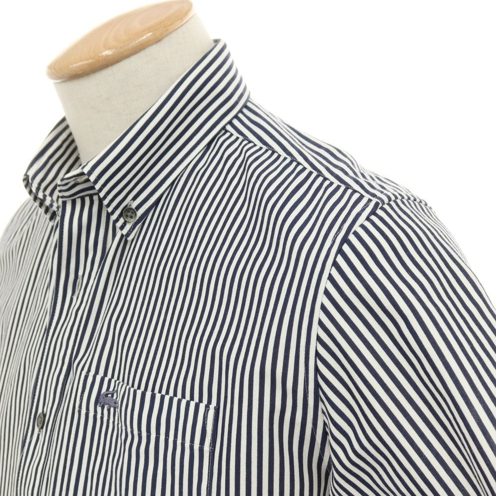 【中古】ラコステ LACOSTE コットンポリエステル ストライプ ボタンダウン 半袖シャツ ネイビーxホワイト【サイズ2】【 状態ランクA 】【 メンズ 】
