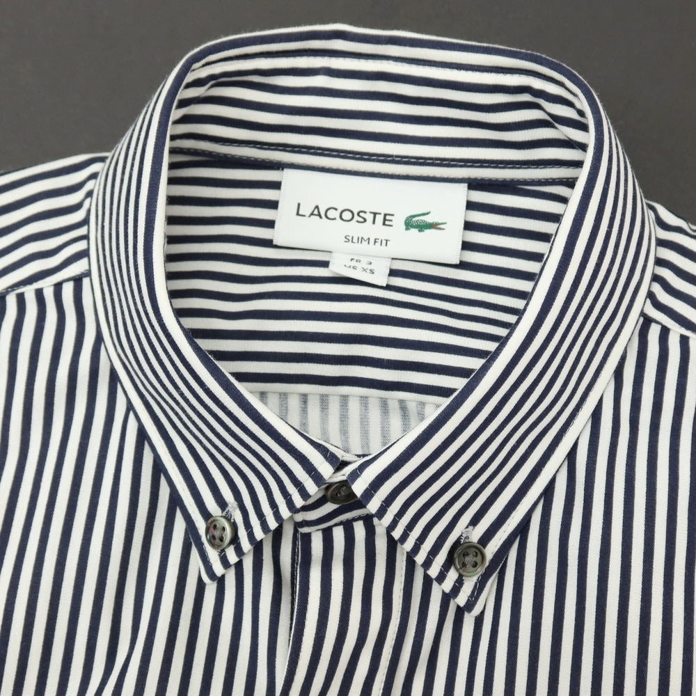 【中古】ラコステ LACOSTE コットンポリエステル ストライプ ボタンダウン 半袖シャツ ネイビーxホワイト【サイズ2】【 状態ランクA 】【 メンズ 】