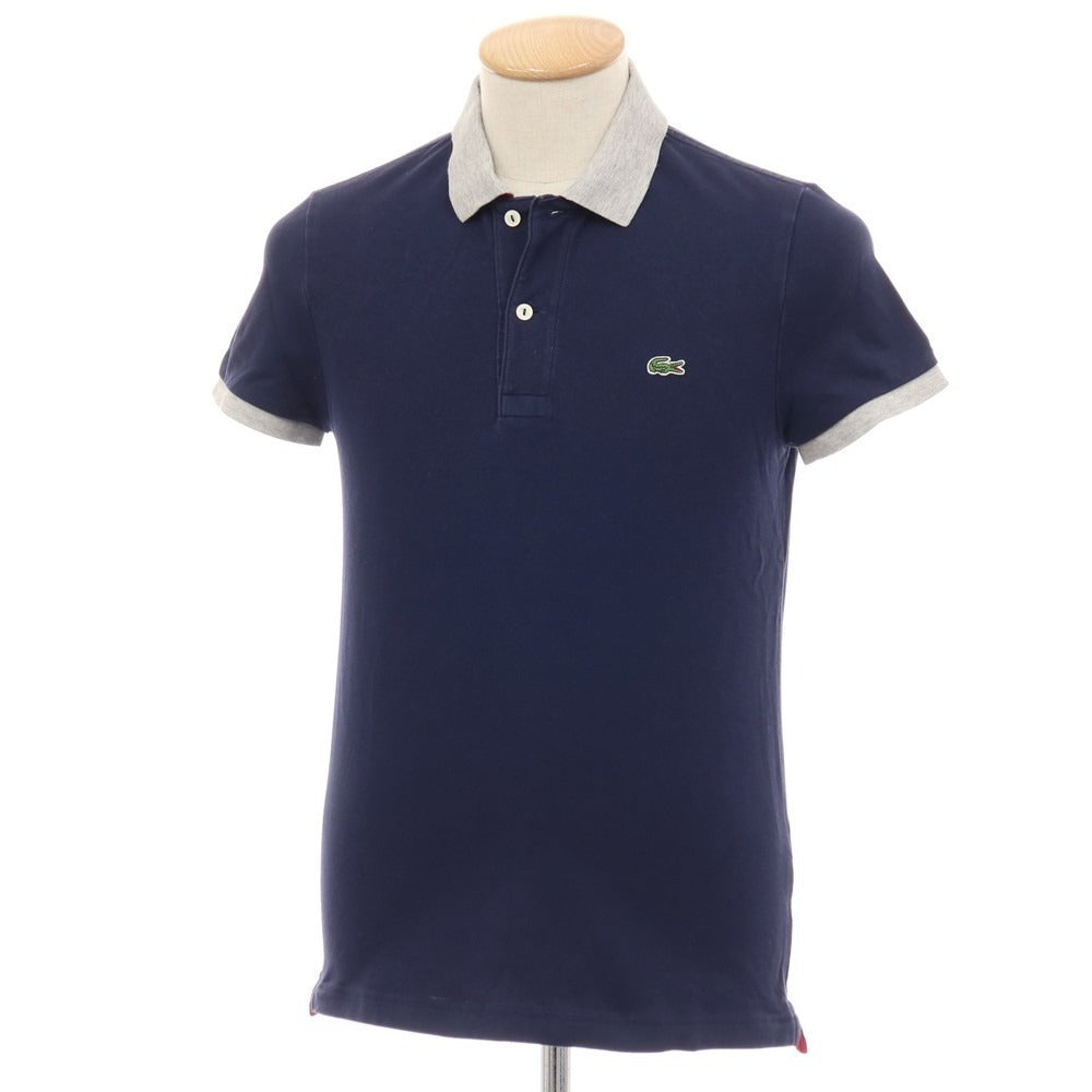 【中古】ラコステ LACOSTE コットンポリウレタン 鹿の子 半袖ポロシャツ ネイビーxライトグレー【サイズ2】【 状態ランクB 】【 メンズ 】