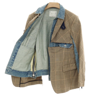【中古】サカイ Sacai コットン グレンチェック ドッキング デニムジャケット ブルーxベージュ【サイズ1】【 状態ランクB 】【 メンズ 】