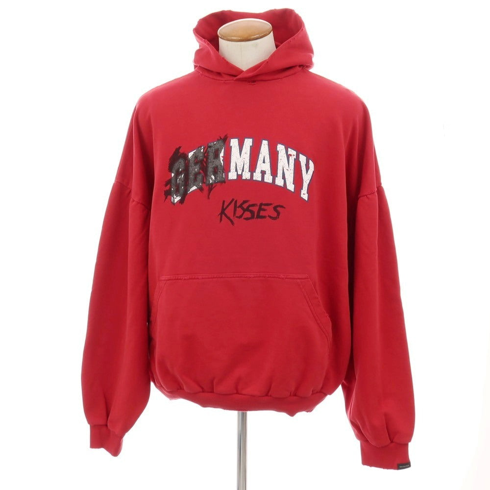 【中古】バレンシアガ BALENCIAGA ダメージ加工 コットン プルオーバー パーカー レッド【サイズ2】【 状態ランクA 】【 メンズ 】