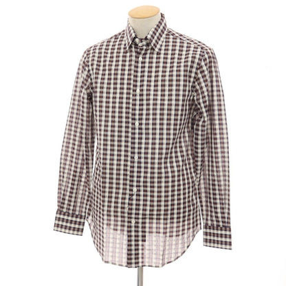 【中古】【未使用】ブリオーニ Brioni コットンリネン チェック 隠しボタンダウン カジュアルシャツ ブラウンxホワイト【サイズS】【 状態ランクS 】【 メンズ 】