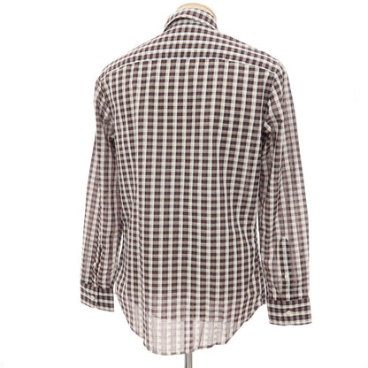 【中古】【未使用】ブリオーニ Brioni コットンリネン チェック 隠しボタンダウン カジュアルシャツ ブラウンxホワイト【サイズS】【 状態ランクS 】【 メンズ 】