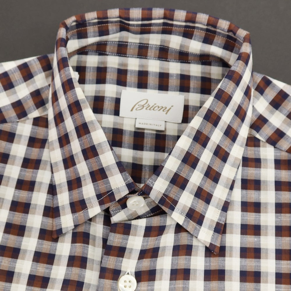 【中古】【未使用】ブリオーニ Brioni コットンリネン チェック 隠しボタンダウン カジュアルシャツ ブラウンxホワイト【サイズS】【メンズ】 中古】【未使用】ブリオーニ Brioni コットンリネン チェック 隠し