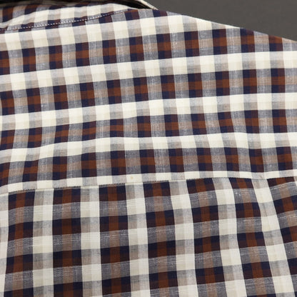 【中古】【未使用】ブリオーニ Brioni コットンリネン チェック 隠しボタンダウン カジュアルシャツ ブラウンxホワイト【サイズS】【 状態ランクS 】【 メンズ 】