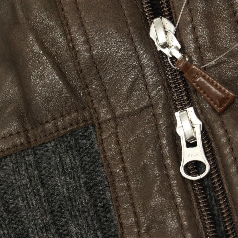【中古】グランサッソ GRAN SASSO ウール×レザー 切替 ダブルジップ ニットブルゾン グレーxブラウン【サイズ48】【 状態ランクB 】【 メンズ 】