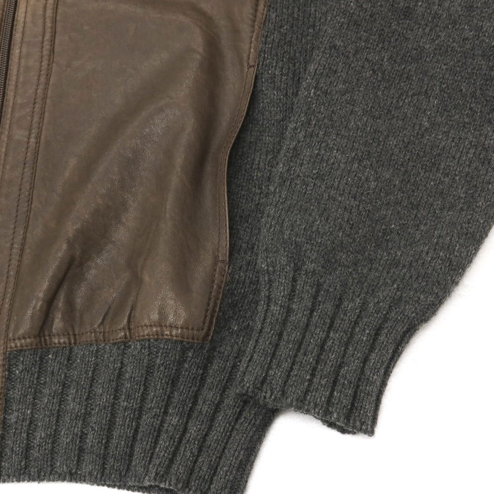 【中古】グランサッソ GRAN SASSO ウール×レザー 切替 ダブルジップ ニットブルゾン グレーxブラウン【サイズ48】【 状態ランクB 】【 メンズ 】