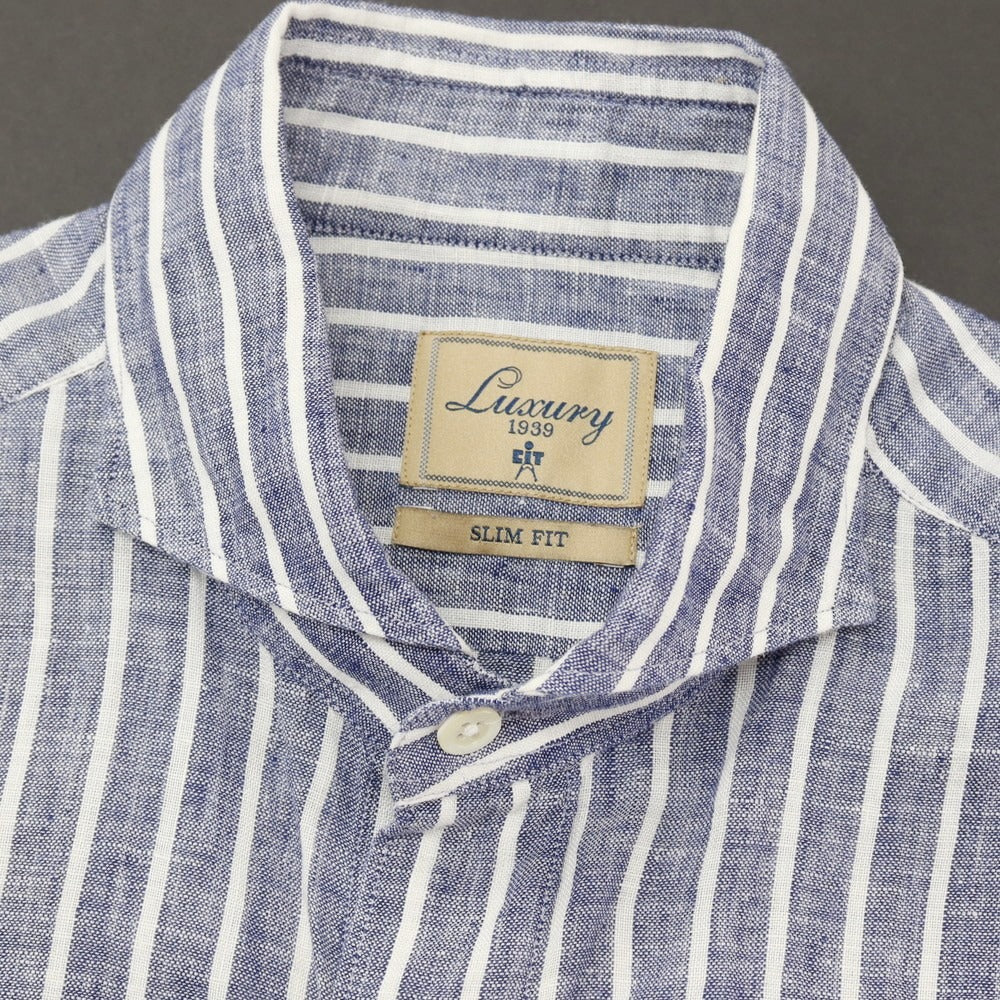 【中古】チット CIT LUXURY リネン ストライプ ホリゾンタルカラー 半袖シャツ ネイビーxホワイト【サイズ表記なし（M位）】【 状態ランクB 】【 メンズ 】