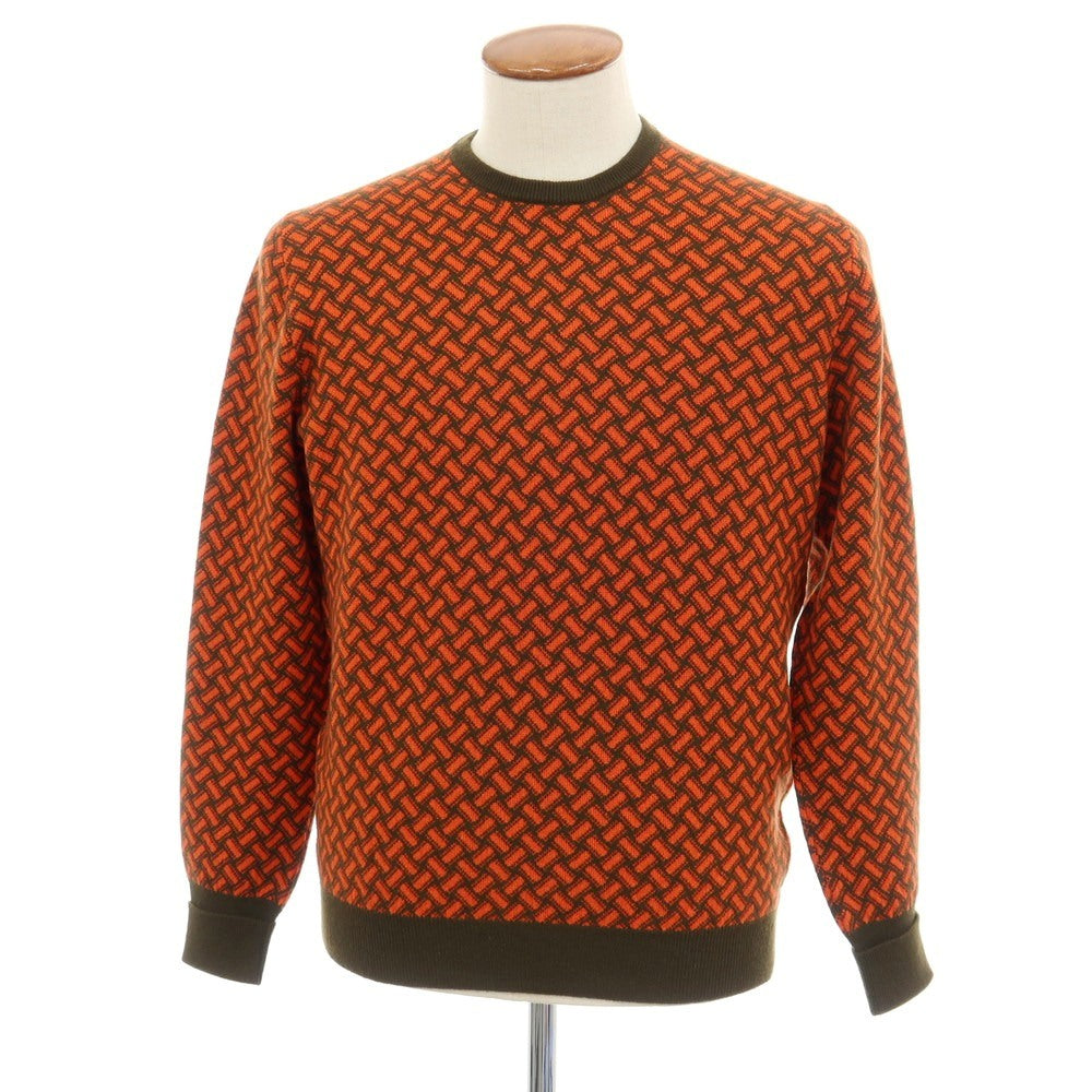 【中古】ドルモア DRUMOHR カシミヤ ビスコッティ柄 クルーネック プルオーバーニット オレンジxダークオリーブグリーン【サイズ48】【 状態ランクB 】【 メンズ 】
