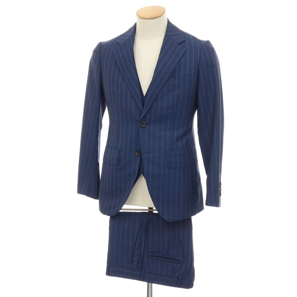 【中古】サルトリア アマルフィ Sartoria Amalfi スリーピース SUPER150’S ウール ストライプ 2つボタンスーツ ネイビーブルー【サイズ表記なし（S位)】【 状態ランクC 】【 メンズ 】