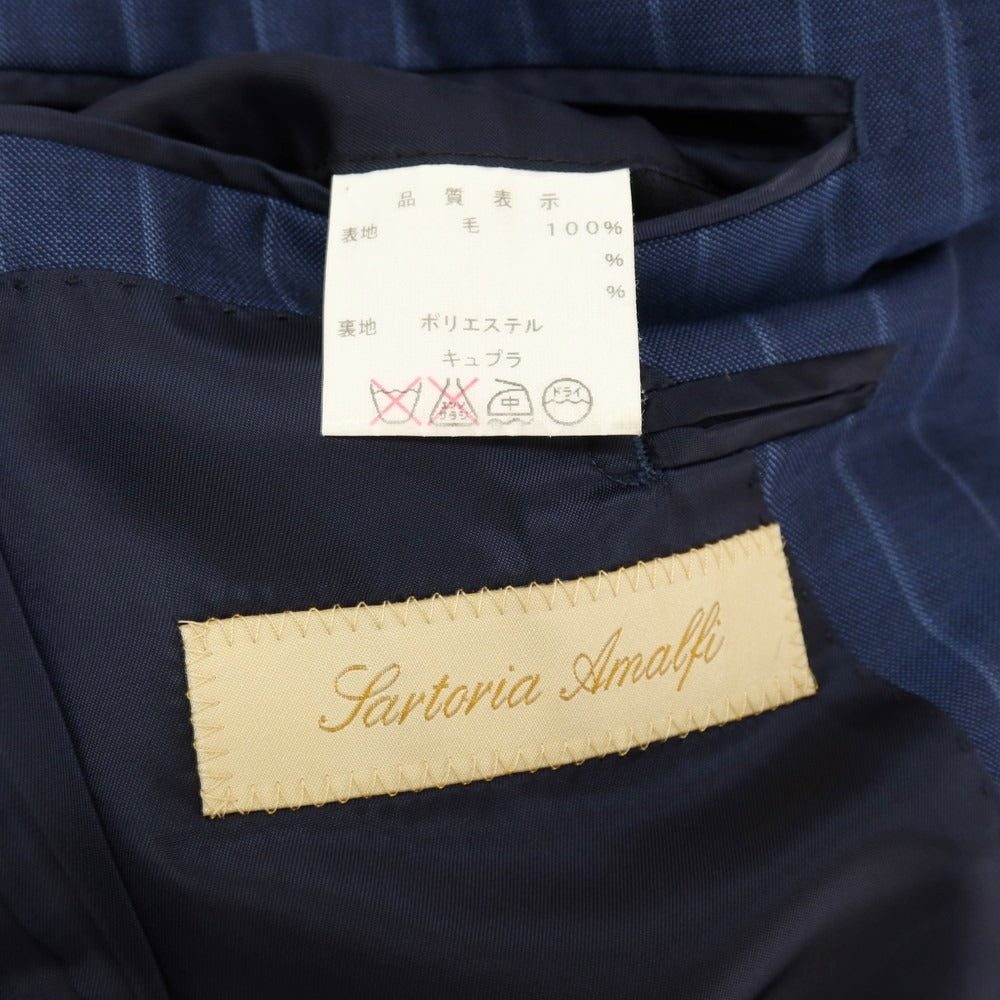 【中古】サルトリア アマルフィ Sartoria Amalfi スリーピース SUPER150’S ウール ストライプ 2つボタンスーツ ネイビーブルー【サイズ表記なし（S位)】【 状態ランクC 】【 メンズ 】