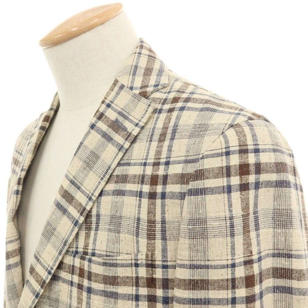 【中古】ボリオリ BOGLIOLI DOVER リネンシルク チェック 3B テーラードジャケット ベージュxブラウン【サイズ44】【 状態ランクC 】【 メンズ 】