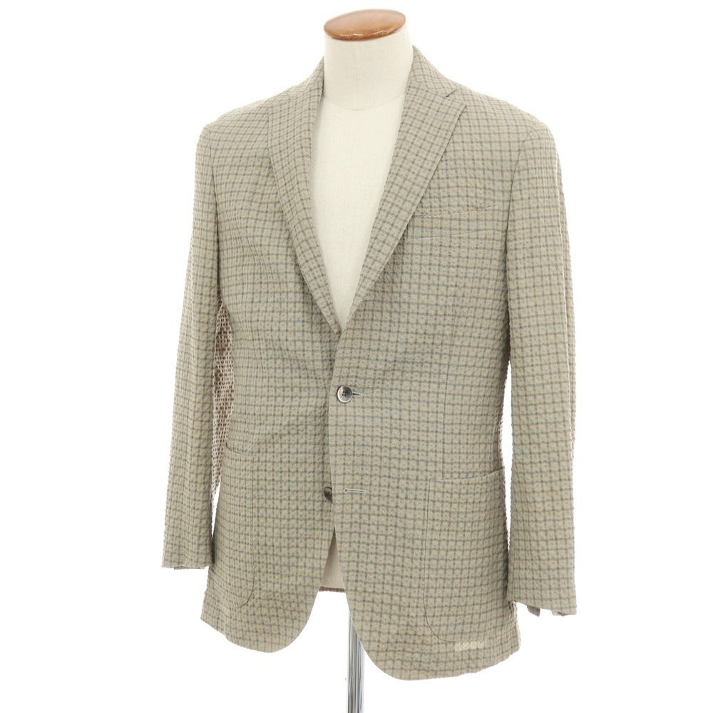 【中古】ボリオリ BOGLIOLI DOVER ストレッチ ウールリネンシルク サッカー チェック 3B テーラードジャケット ベージュxセージグリーン【サイズ46】【 状態ランクB 】【 メンズ 】