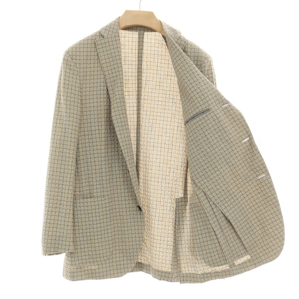 【中古】ボリオリ BOGLIOLI DOVER ストレッチ ウールリネンシルク サッカー チェック 3B テーラードジャケット ベージュxセージグリーン【サイズ46】【 状態ランクB 】【 メンズ 】