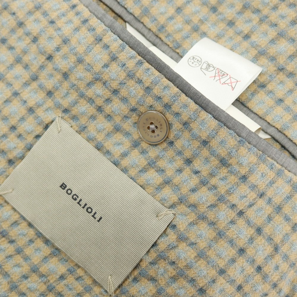 【中古】ボリオリ BOGLIOLI DOVER ストレッチ ウールリネンシルク サッカー チェック 3B テーラードジャケット ベージュxセージグリーン【サイズ46】【 状態ランクB 】【 メンズ 】