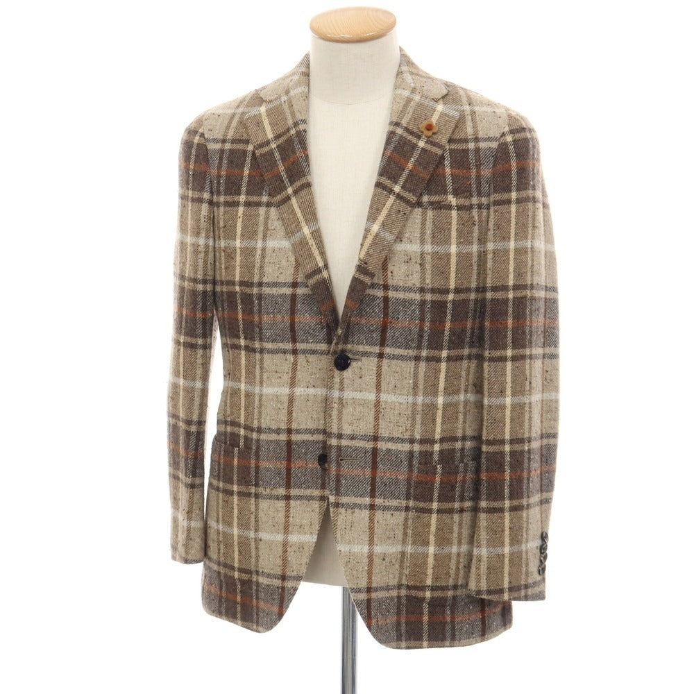 【中古】ラルディーニ LARDINI ウールレーヨンシルク チェック 3B テーラードジャケット ベージュ系xブラウン【サイズ44】【 状態ランクB 】【 メンズ 】