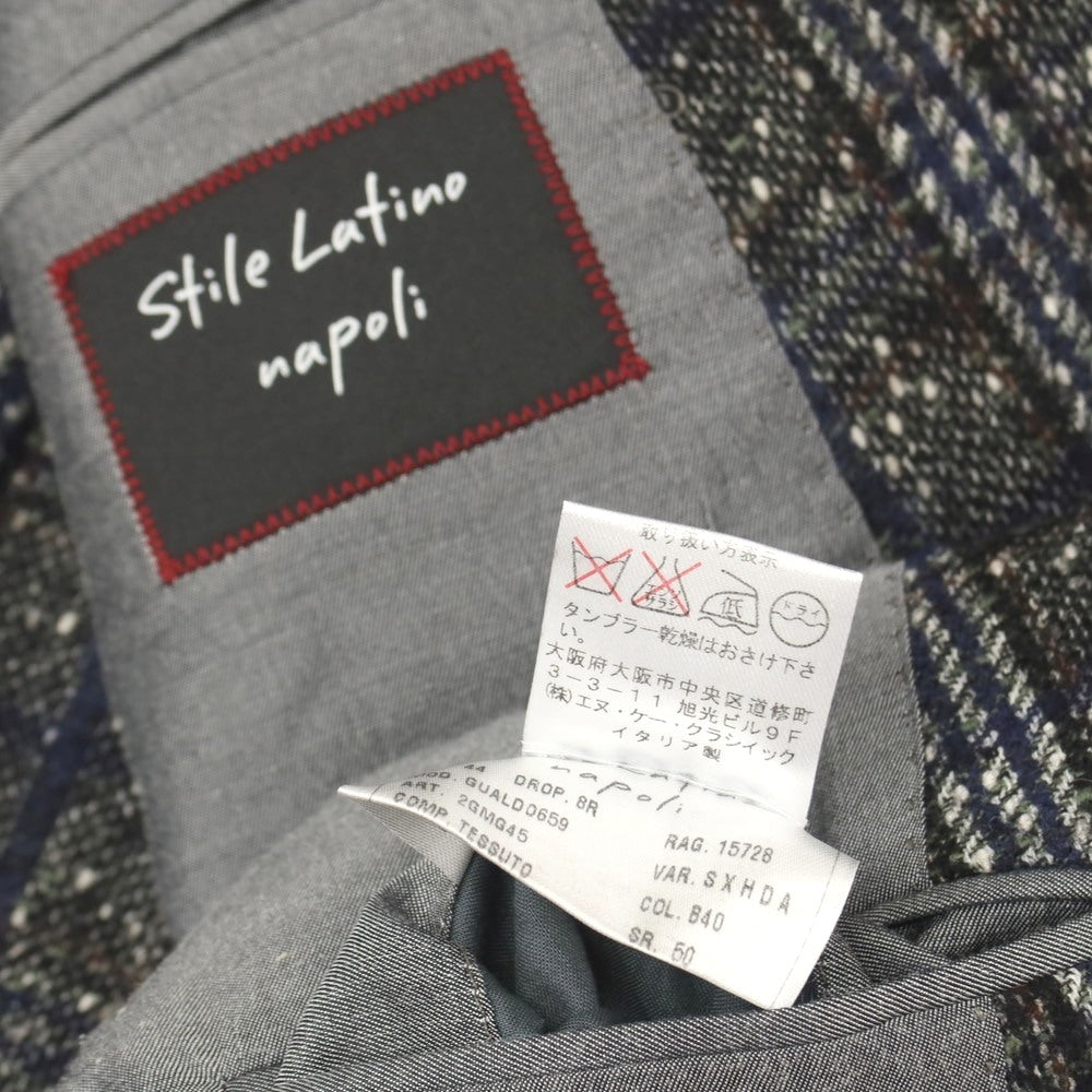 【中古】スティレ ラティーノ STILE LATINO ウールアルパカナイロン チェック ダブル6B テーラードジャケット ブラックグリーンxネイビー【サイズ44 DROP,8R】【 状態ランクC 】【 メンズ 】