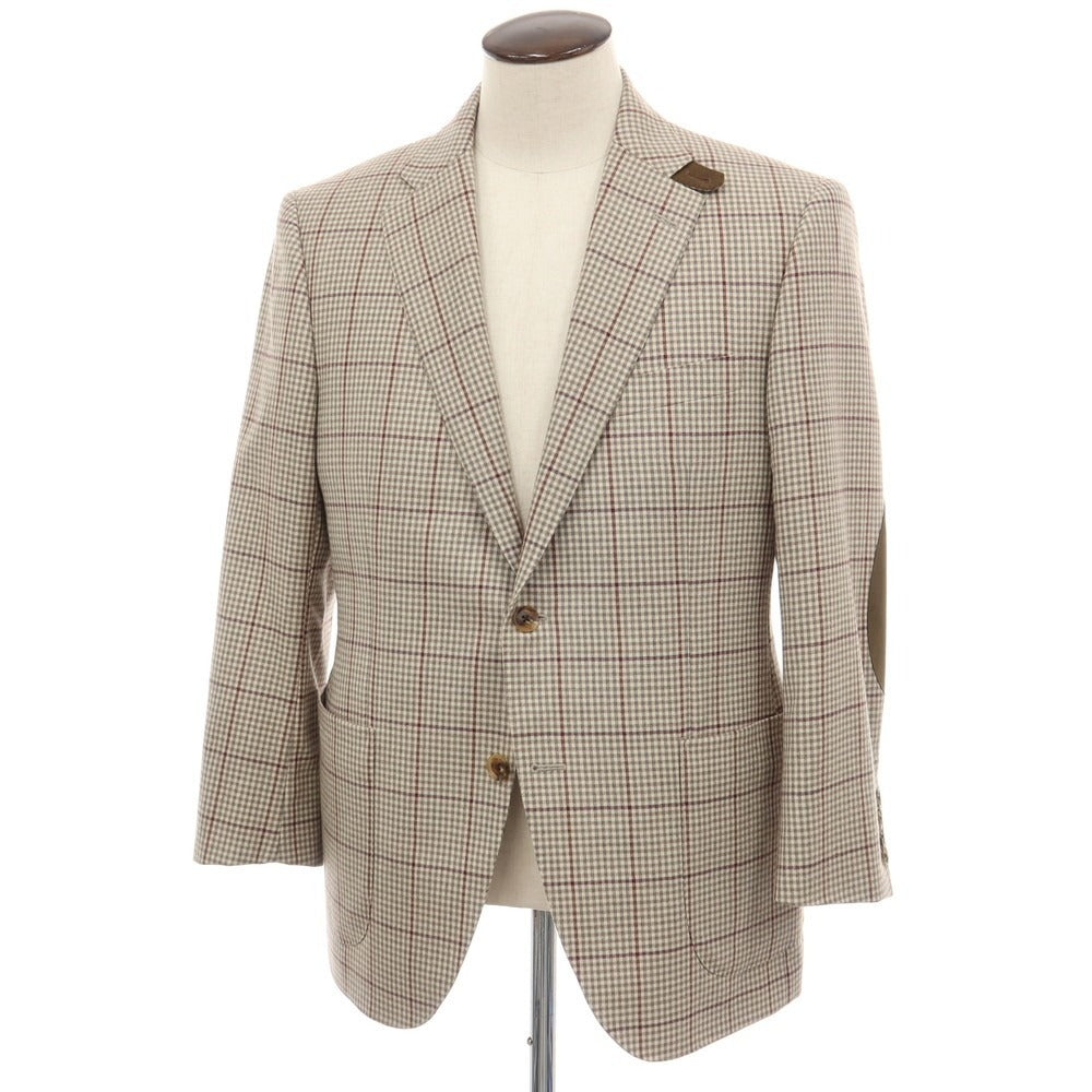 【中古】ダックス DAKS ウールシルクカシミヤ チェック エルボーパッチ 2B カジュアルジャケット ベージュ系xグレー【サイズAB5】【 状態ランクB 】【 メンズ 】
